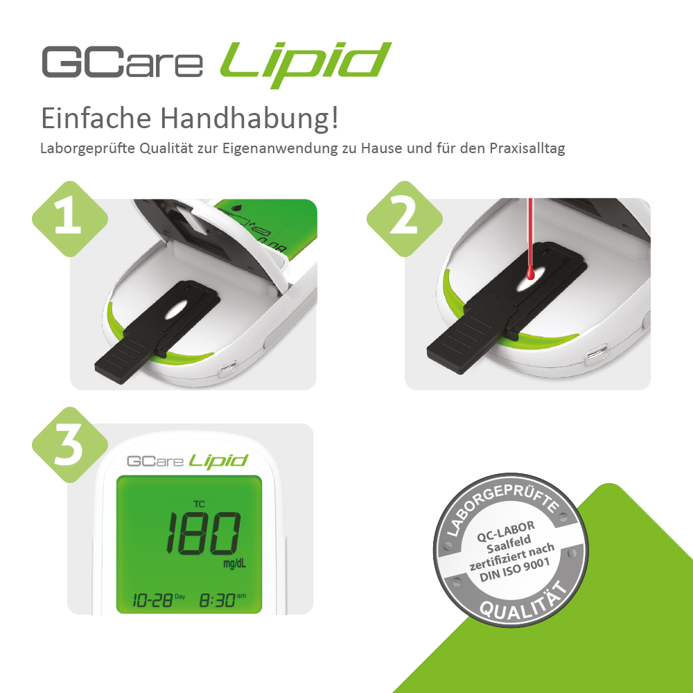 GCARE LIPID Cholesterin Messgerät 4 in1 - Kombiset, Mit 10 Teststeifen und hochwertiges Etui etc.