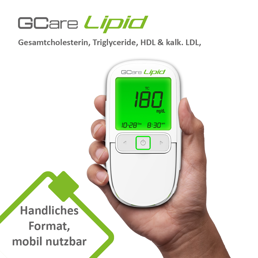 GCARE LIPID Cholesterin Messgerät 4 in1 - Kombiset, Mit 10 Teststeifen, 100 Lanzetten, hochwertiges Etui etc.
