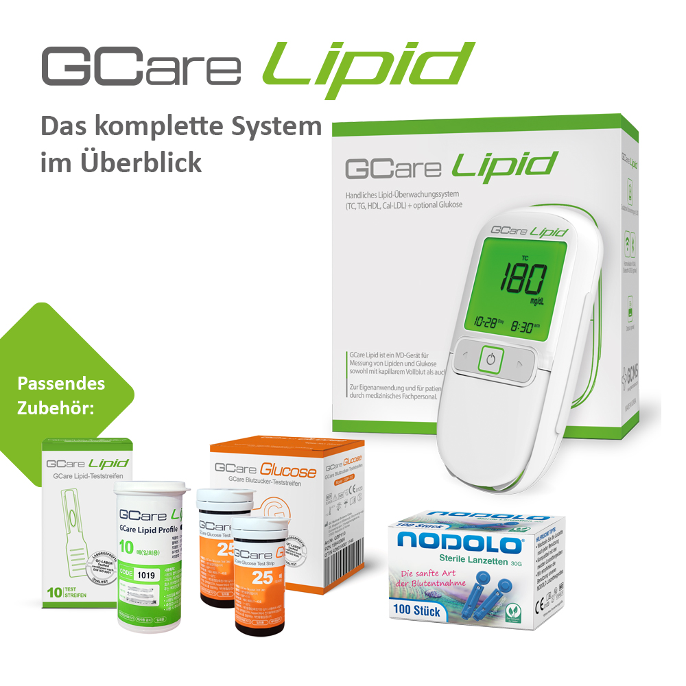 GCARE LIPID Cholesterin Messgerät 4 in1 - Kombiset, Mit 10 Teststeifen und hochwertiges Etui etc.