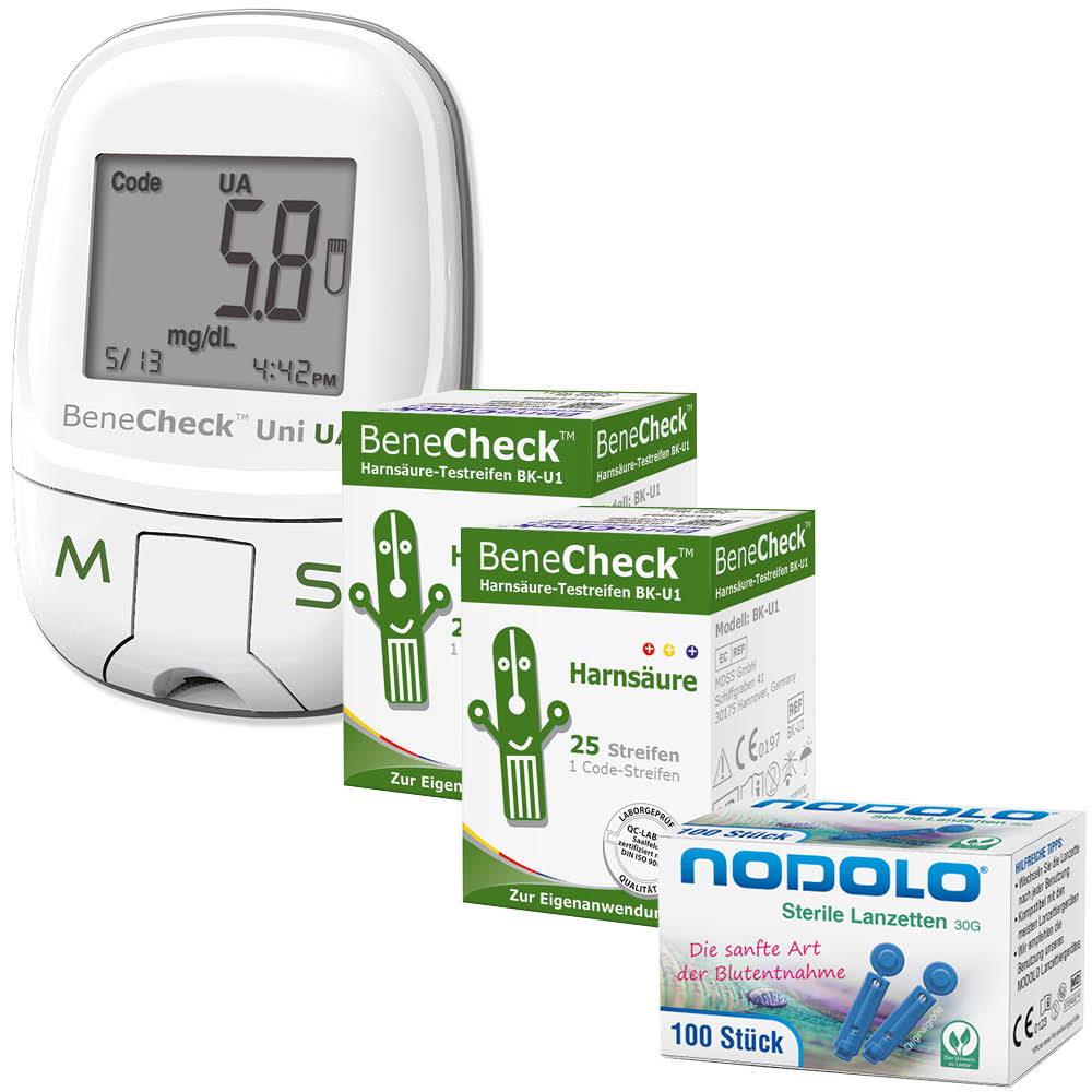 BeneCheck Harnsäure Messgerät + Teststeifen 50 Stück+ Lanzetten 100 Stück