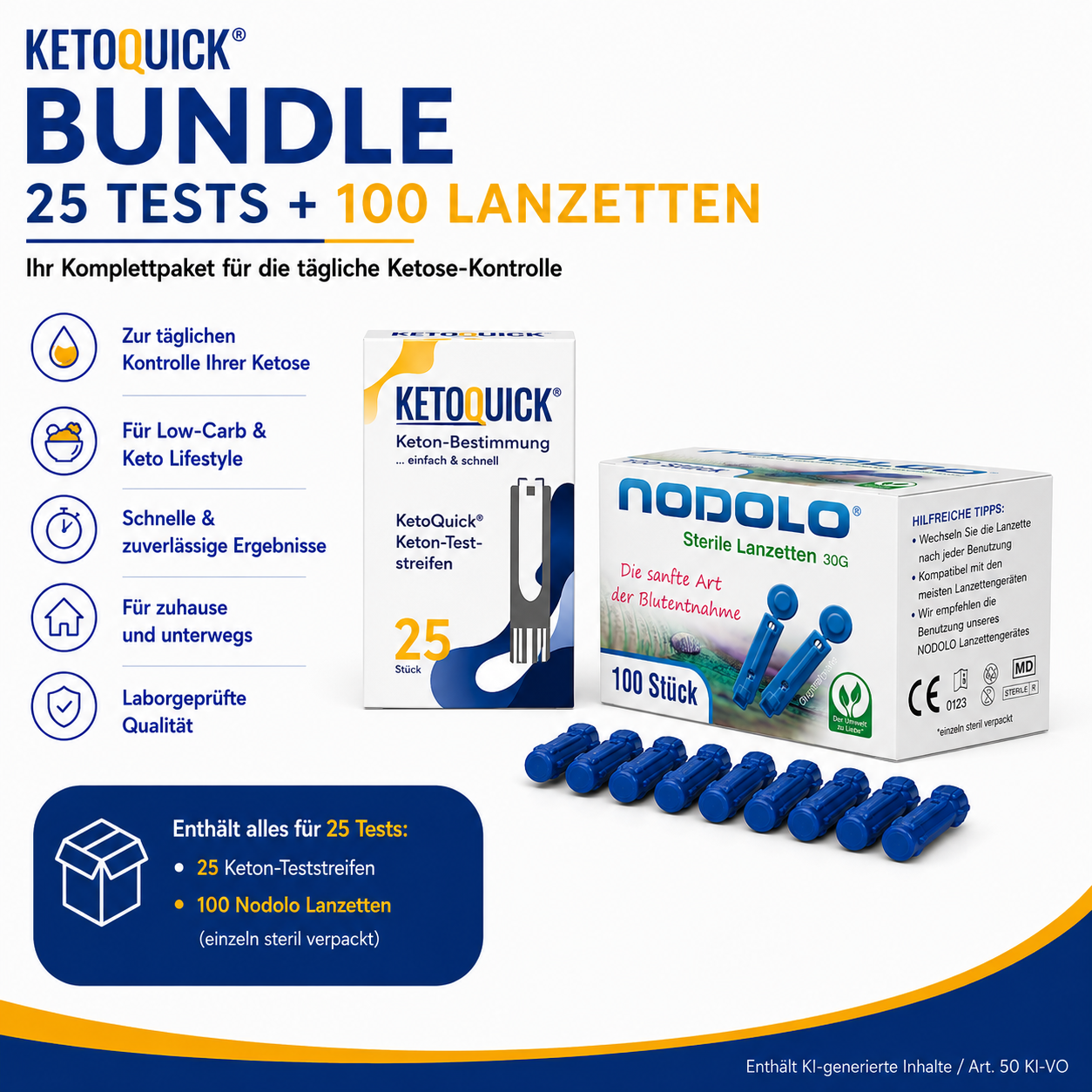 KetoQuick Keton-Teststreifen, 25 Stück + 100 Lanzetten