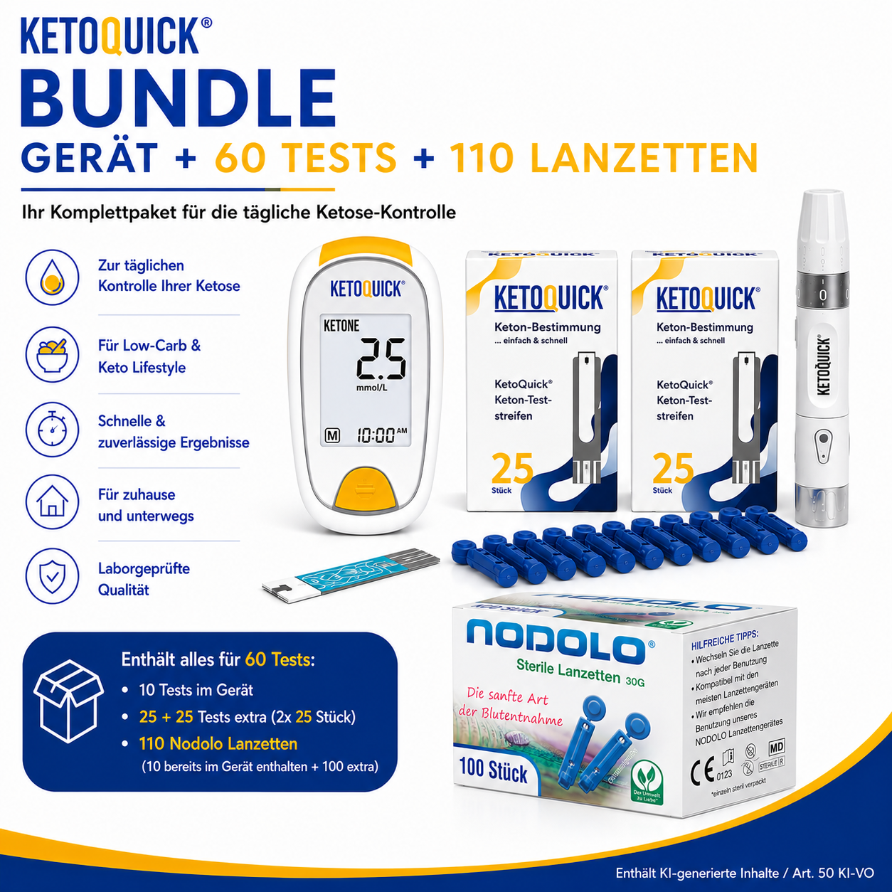KetoQuick Kombiset mit 60 Teststreifen +110 Lanzetten