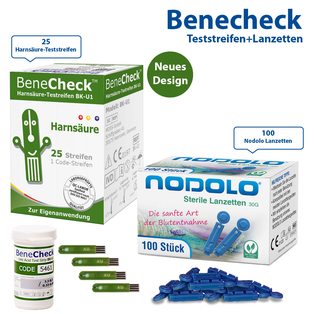 BeneCheck Teststreifen 25 Stück + Nodolo Lanzetten 100 Stück