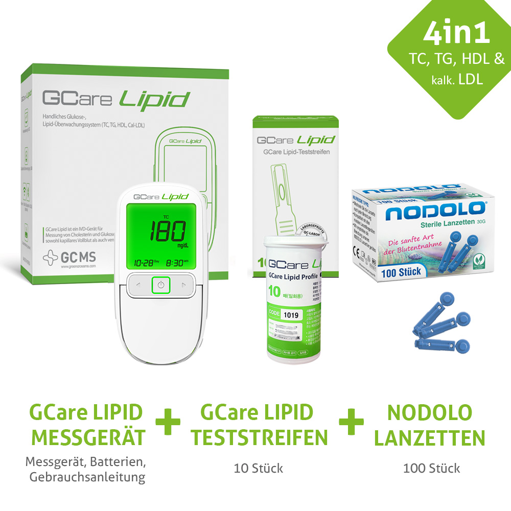 GCARE LIPID Cholesterin Messgerät 4 in1 - Kombiset, Mit 10 Teststeifen, 100 Lanzetten, hochwertiges Etui etc.